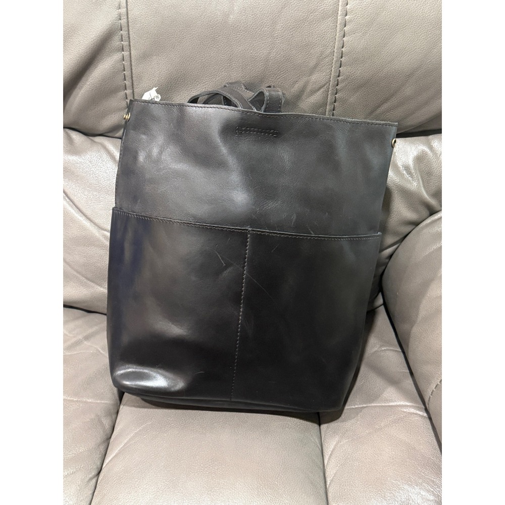 ABLE Black‎ Leather Tote Bag Handmade Mexico Drawstring Shoulder Bag Pocket